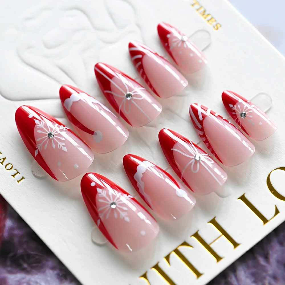 24 قطعة/صندوق قصيرة اللوز عيد الميلاد قبعة تصميم الأظافر وهمية لطيف الفرنسية القوس ندفة الثلج اضغط على الأظافر نصائح DIY بها بنفسك الحلو فتاة الأظافر كاذبة #2