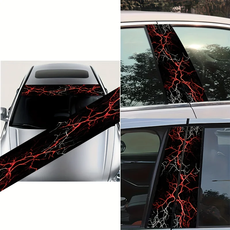 One pack of 2 B-pillar lightning stickers, one pack of 1 eye-catching car windshield sticker, one pack of 1 engine cover sticker