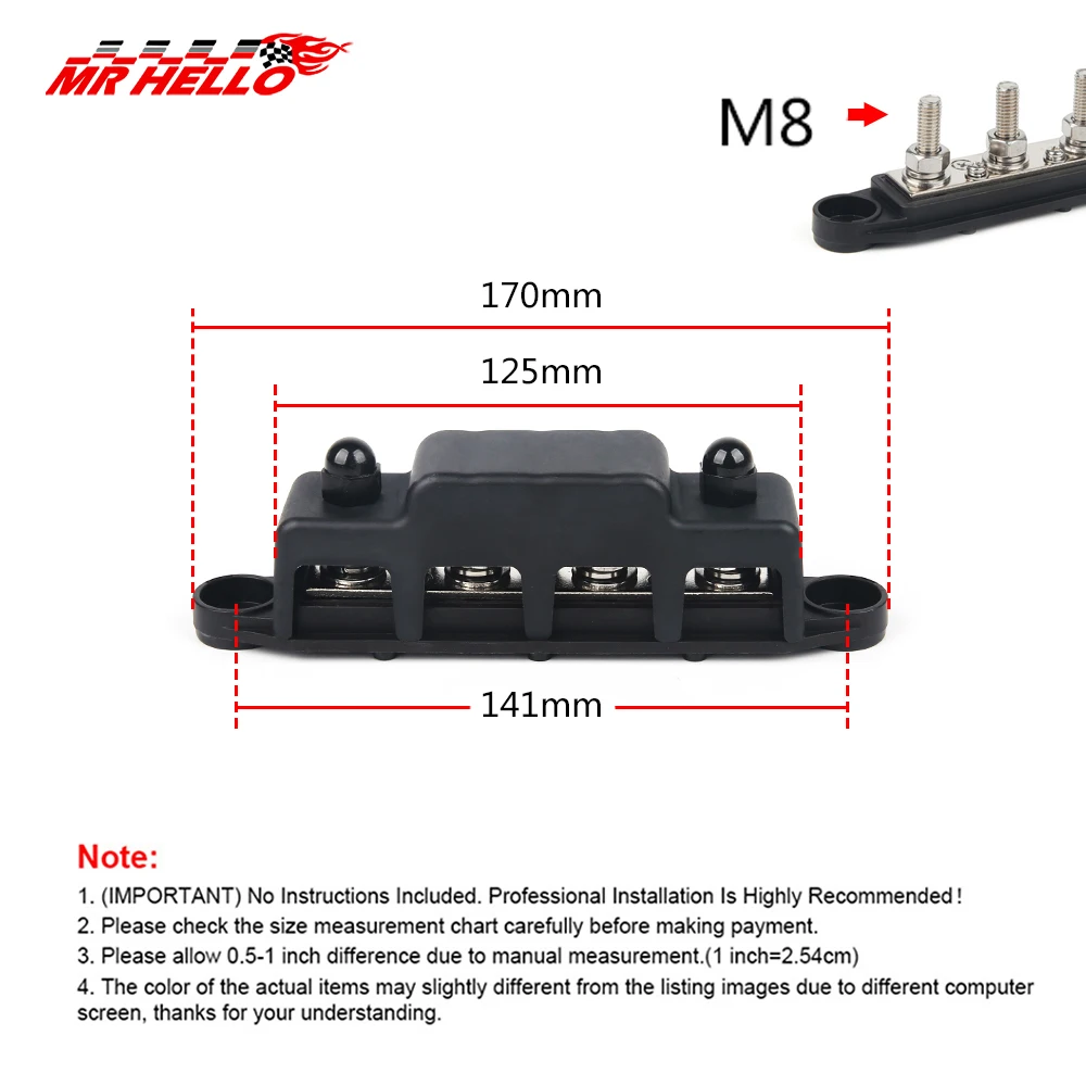 12V-48V 150A Bus Bar Terminal Battery Power Distribution Block With Cover M8 Screw 4 for Automobile Boat RV Truc