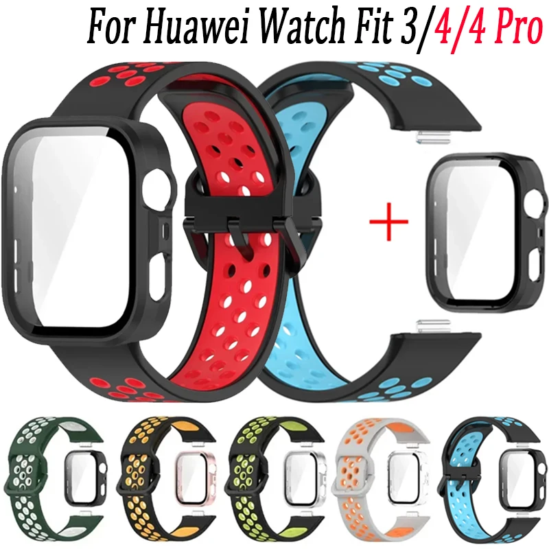 حزام سيليكون بلونين + حافظة فيلم معززة لساعة Huawei Watch Fit 3/4/4 Pro ملحقات من قطعتين لساعة Huawei Watch Fit 4 Pro