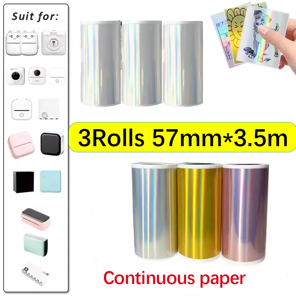 3Rolls 57mm*3.5m Holographic Laser Thermal Sticker Paper Photo Notes Suit for Phomemo T02/M02/M03/M04 Peripage A6 Paperang