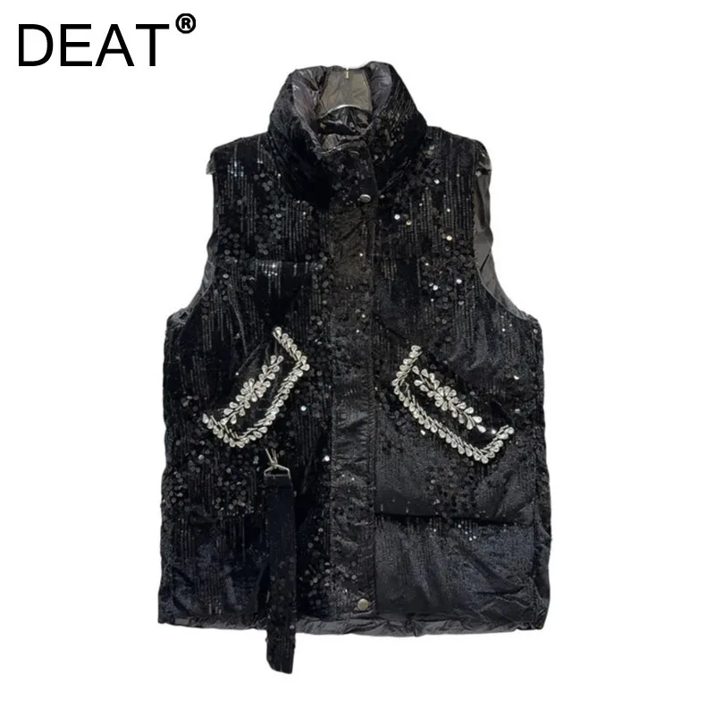 DEAT Women\'s Waistcoat Solid Color Sequins Diamonds Stand Collar Thick Cotton-padded Vest 2024 New Winter Fashion 11A01441