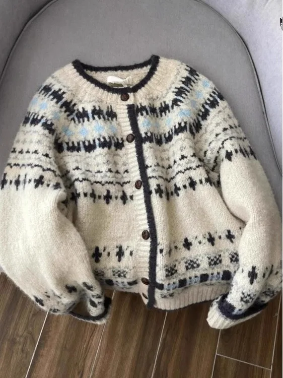 레트로 니트 오픈 가디건 여성용 가을 겨울 테니드 루즈 페어 아일 스웨터 라운드 넥 싱글 버튼