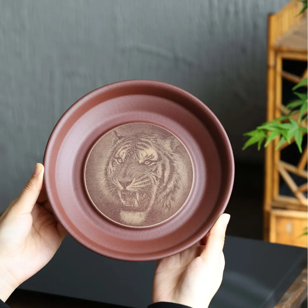 

Yixing Purple Clay Tiger-Shaped Round Small Single-Layer Water Storage Tray, Hand-Carved Tea Holder