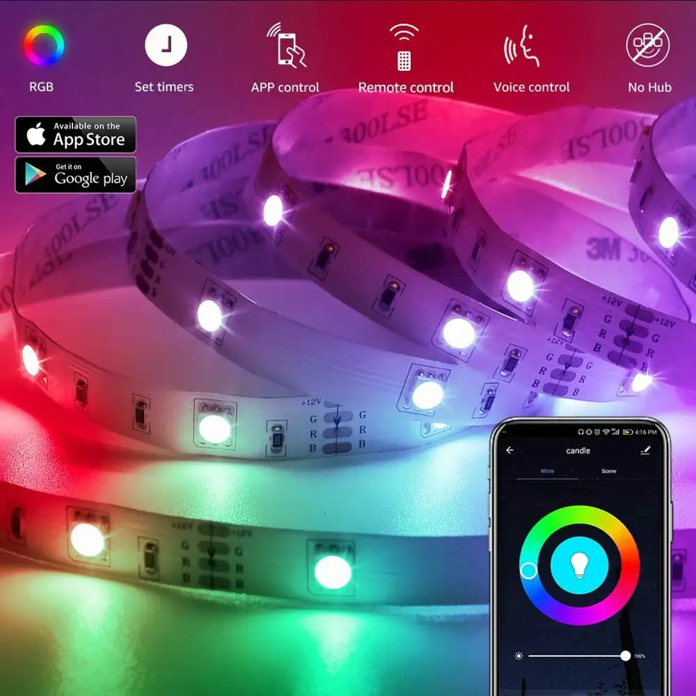 10M 20M LED Strip Lights WiFi Magic Home APP Control Work with Alexa 12V RGB Stripe Ribbon Tape for Bedroom Wall Decoration 220V