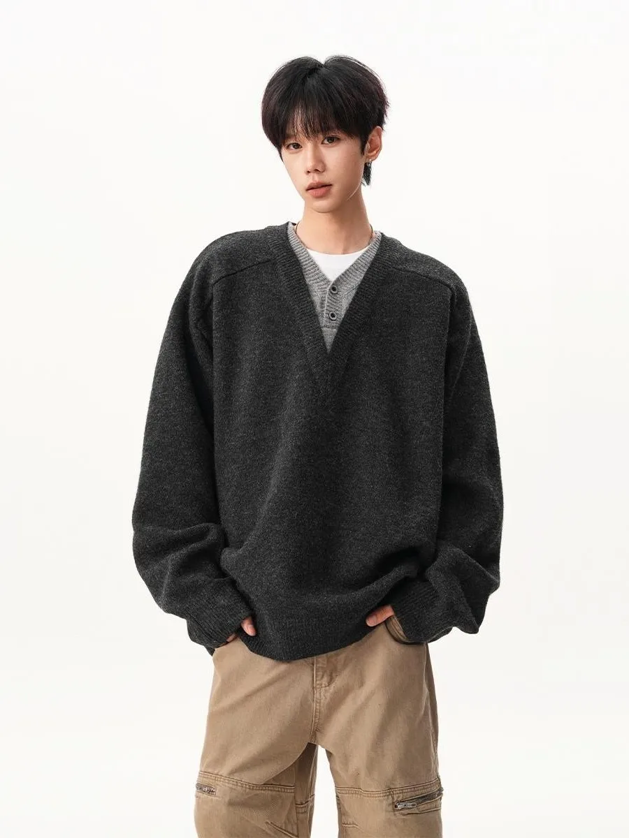 

Мужской вязаный свитер свободного кроя с V-образным вырезом, осенне-зимний, новый, в стиле ретро, повседневный, удобный, свободный крой, без застежек