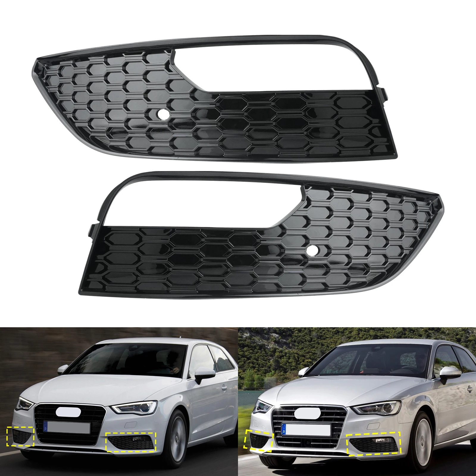 L+R Black Front Fog Light Lamp Cover Bezel Grille For Audi A3 S3 8V 2012-2016 8V3807681A, 8V3807682A except S-Line