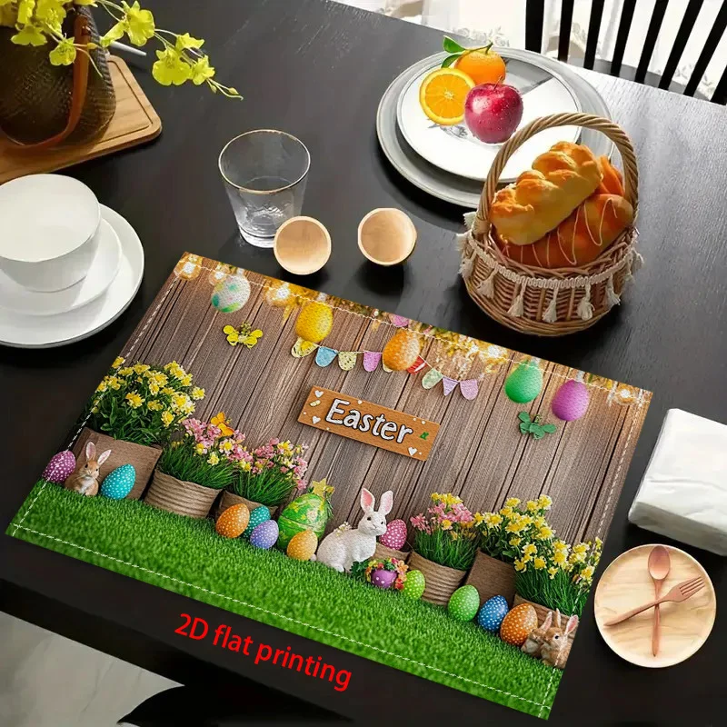 1PC Easter Bunny & Egg Design Square Placemats - 2D Flat Linen Tableware Mats with Coffee Table Pad & Bowl Plate Mat