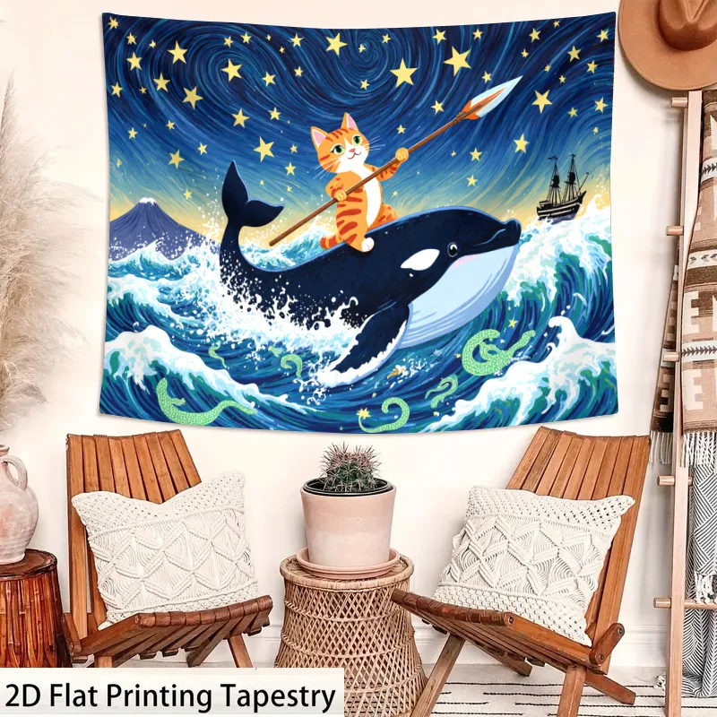 1pcs Cat Riding Whale Tapestry, Cute Cat Sailor with Spear Orca Wave Wall Hanging, Fantasy Ocean Room Decor Extra large size