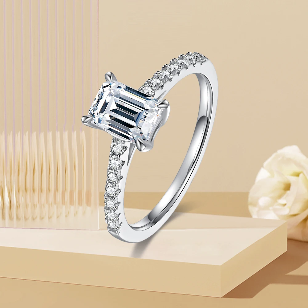 

S925 Sterling Silver 1 Carat Light Luxury Rectangular Zircon Fine Jewelry Fashion Design Women's Wedding Ring