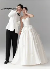 Customized French Satin Wedding Dress Simple Strapless Bride Engagement Dresses Bow Floor-Length Backless Birthday Party Gown