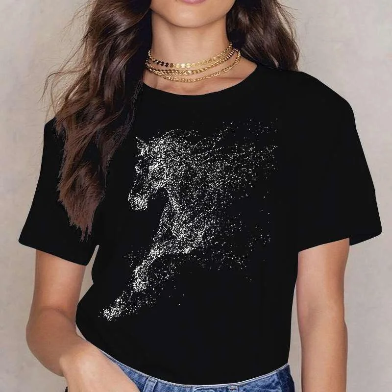 Fashion Horse Print T-shrits For Women Summer Short Sleeve Round Neck Cute Loose T-shirt Creative Personalized Tops