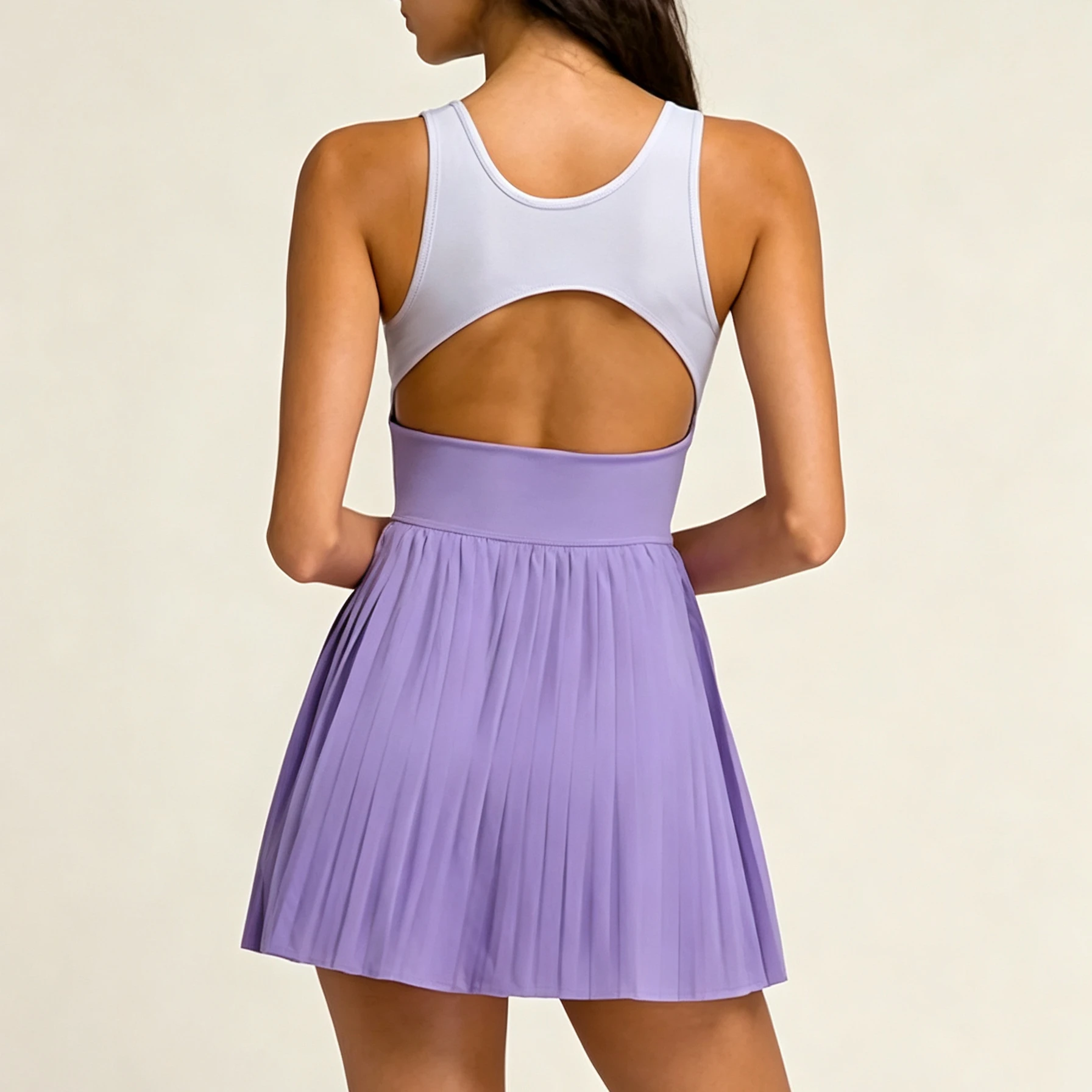 Women Color Block Tennis Dress Sleeveless Cutout Back Pleated Mini Skirt Built-in Bra & Shorts Golf Athletic Workout Sport Dress