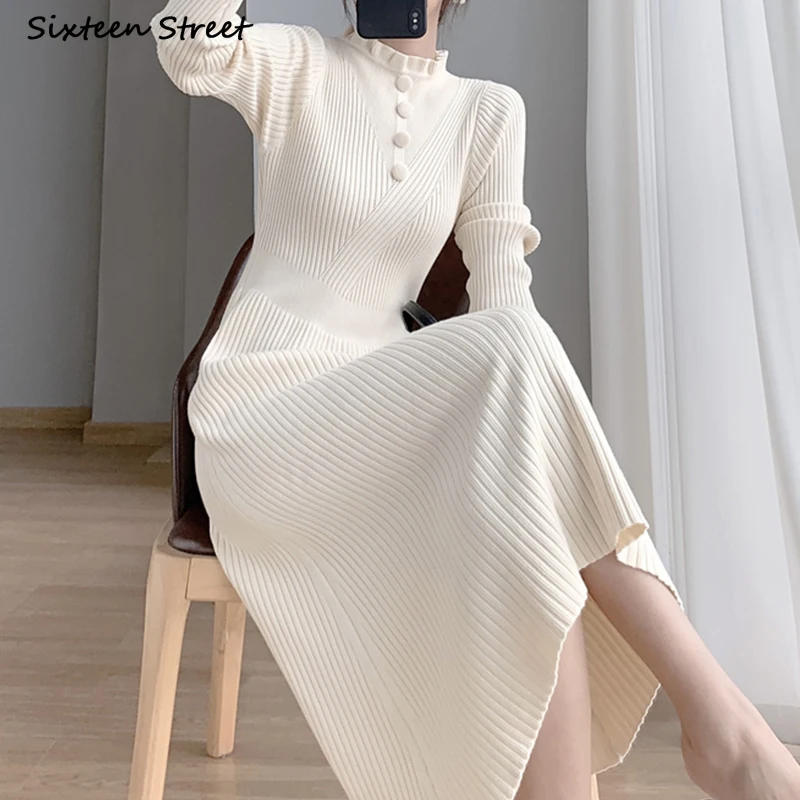 2023 Single-breasted Woolen Dress Women Fall Winter Business Sweater Dress Ladies Korean Business Elegant Warm Knitted Vestido