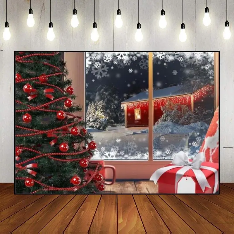 Merry Christmas Xmas Tree Baby Shower Claus Gingerbread House Background Photo Custom Birthday Backdrop Window Red Curtain Eve