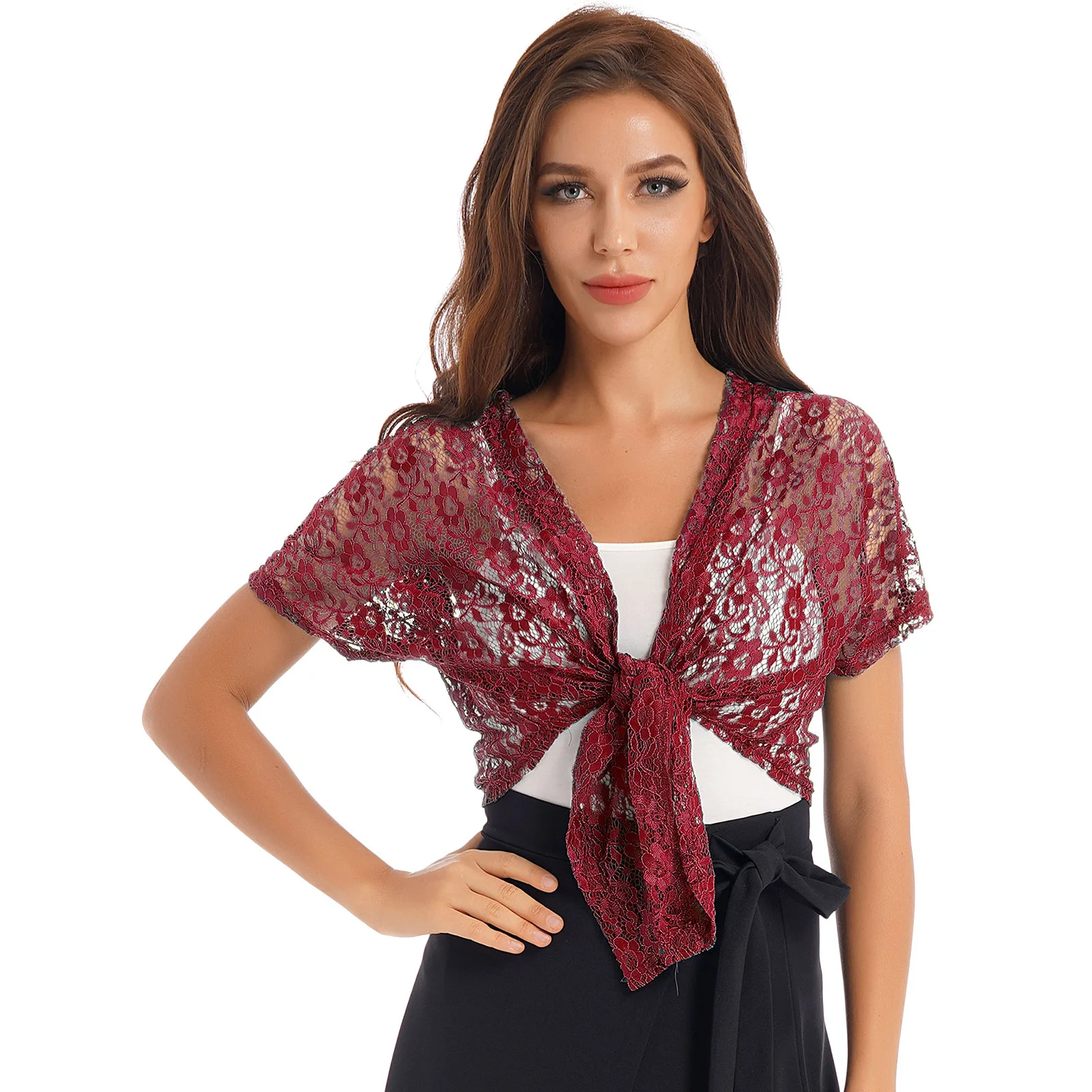 Elegant Womens Shawls Wrap Hollow Out Lace Cardigan Bridal Bolero Short Sleeve Lace-up Summer Sun Protection Beachwear Cover Ups