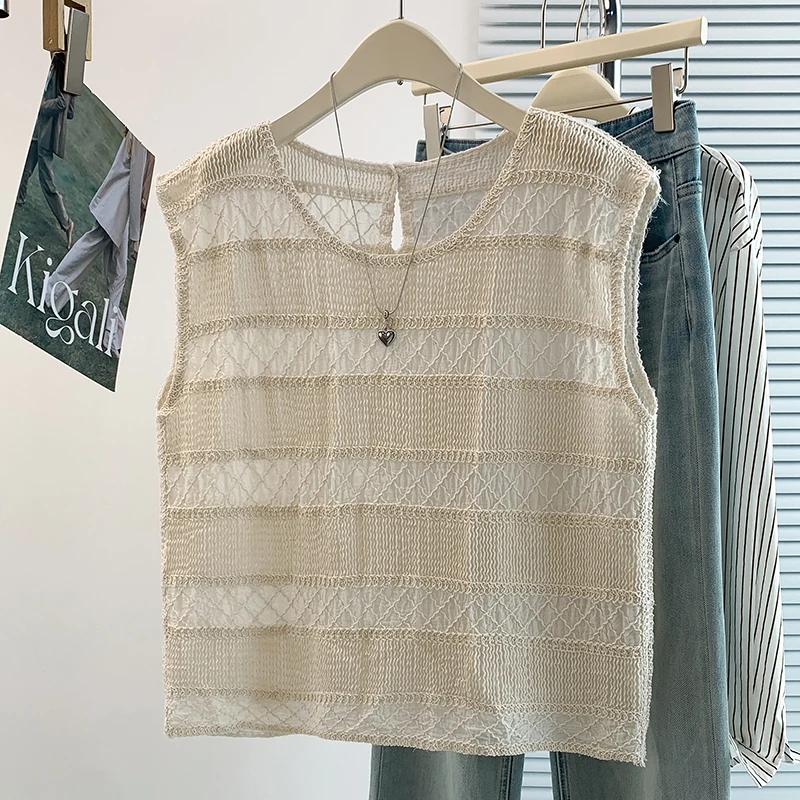 Summer New Style Women's Sleeveless Vest Striped Texture Feeling Micro Transparent Commute Outerwear Overlap Top round Neck