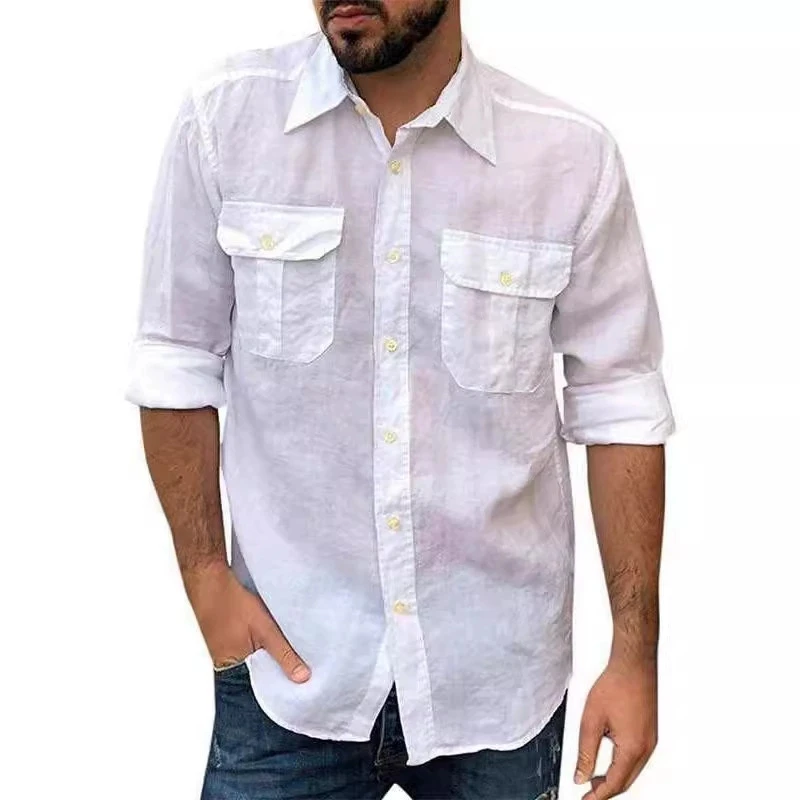

Men's Cotton Linen Shirts Spring Summer Long Sleeve Solid Casual Tops Lapel Double Pocket Design Classic Shirts for Men Clothing