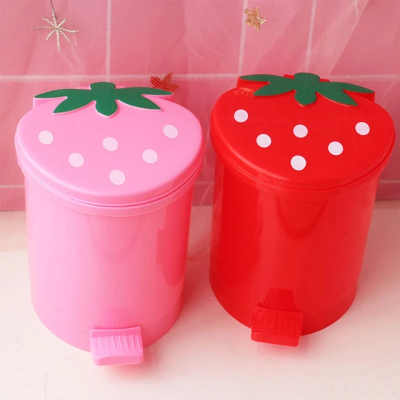 Mini Trash Can With Lid Plastic Trash Basket For Home Bedroom Office Desktop Garbage Storage Box Cartoon Red Pink Container