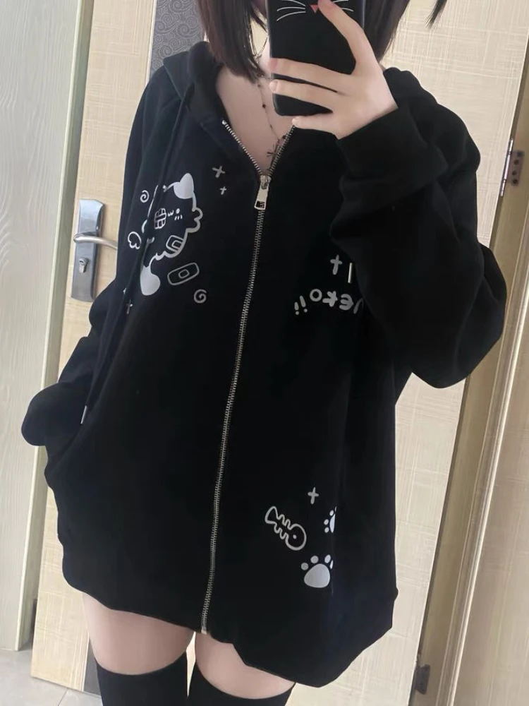 QWEEK Japanese Harajuku Kawaii Zip Up Hoodie Girls Sweet Cute Cartoon Print Zipper Sweatshirt School Student Top 2024 Autumn