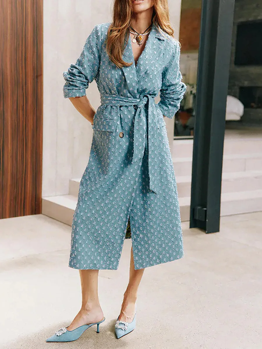 Women's casual lapel lace up denim trench coat fashion long sleeve double breasted blazer dress