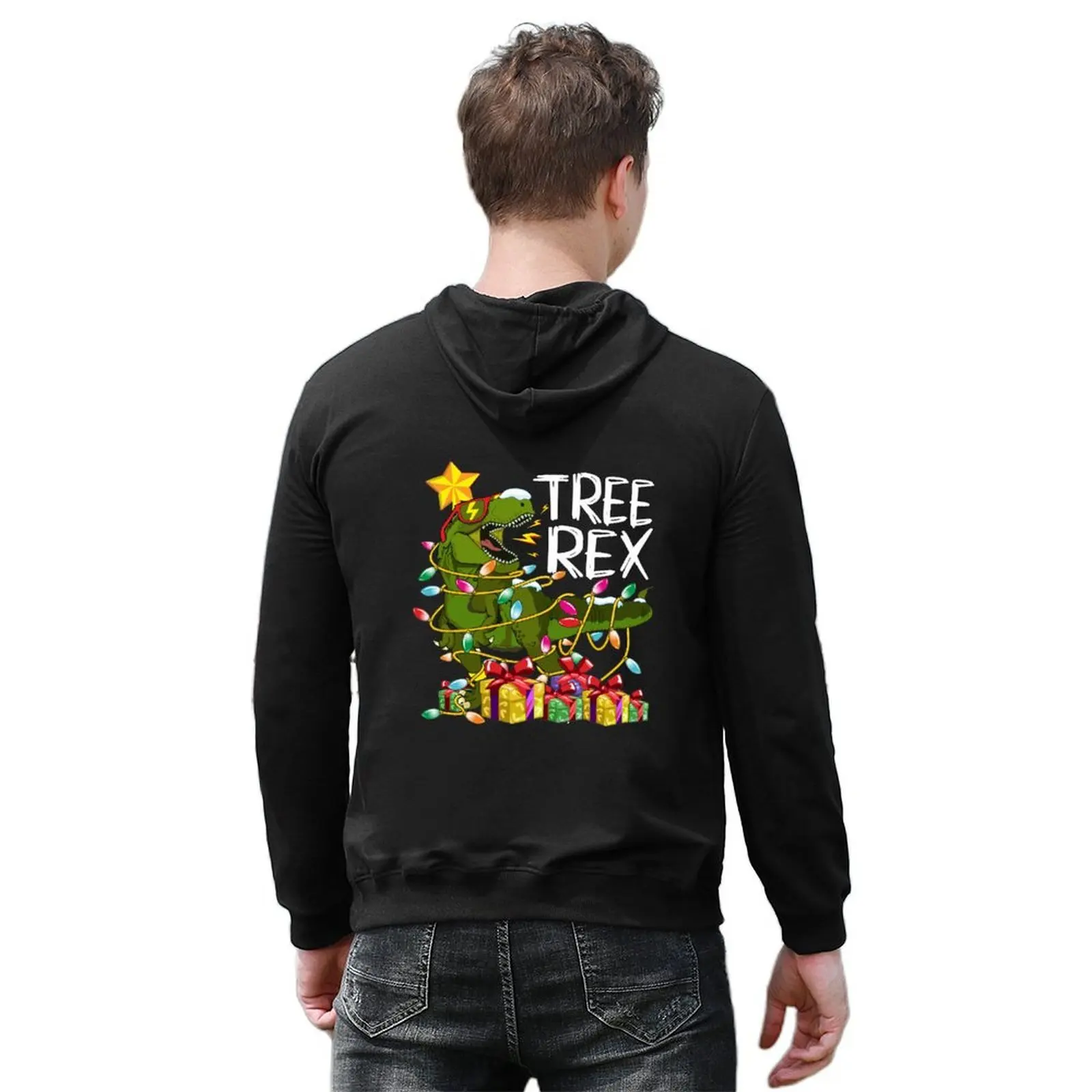 Christmas Tree Rex Dinosaur Tangled in Xmas Lights Garland Hoodie blouse autumn jacket men autumn clothes mens hoodies