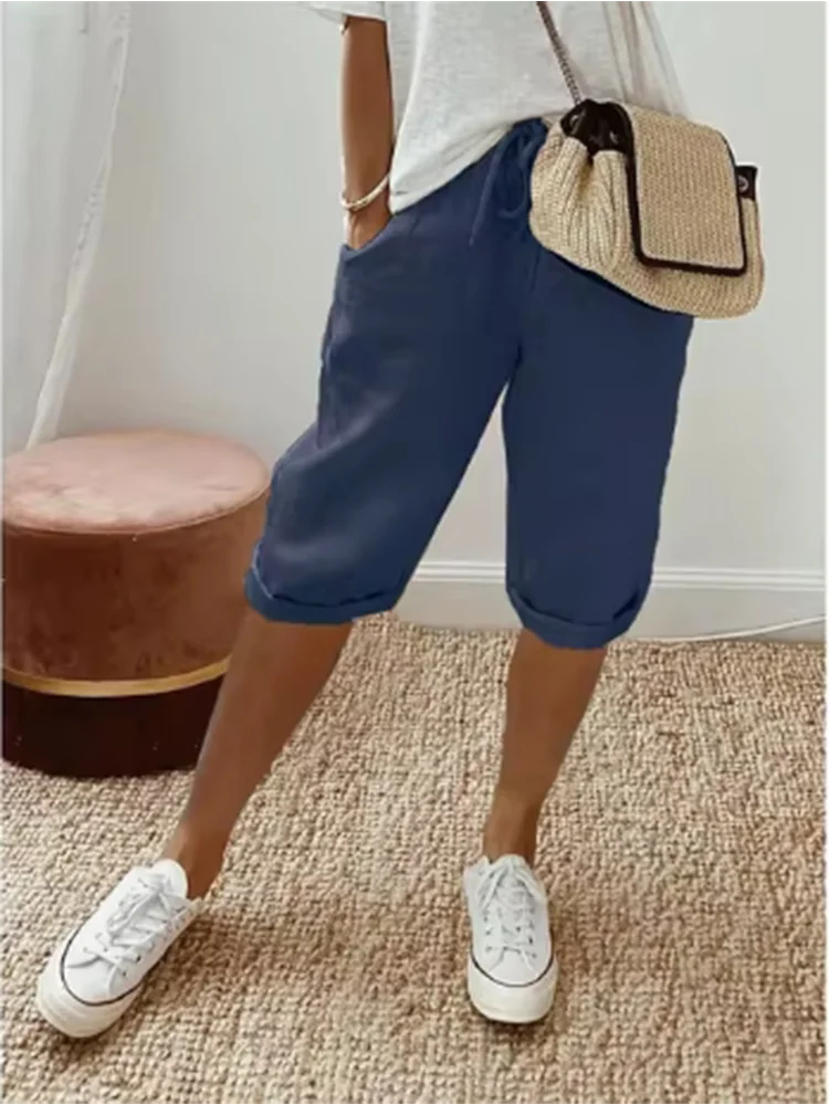Solid Color Middle Pants Women Simple Pocket Lace Up Loose Pants Casual Comfortable Cotton Shorts