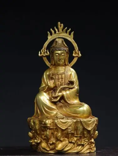 12" China Antique Tibetan Buddhism Temple Bronze gilt Guanyin Bodhisattva statue