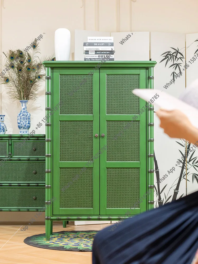Vintage bookcase handmade distressed green display cabinet natural rattan high cabinet large capacity magazine storage American