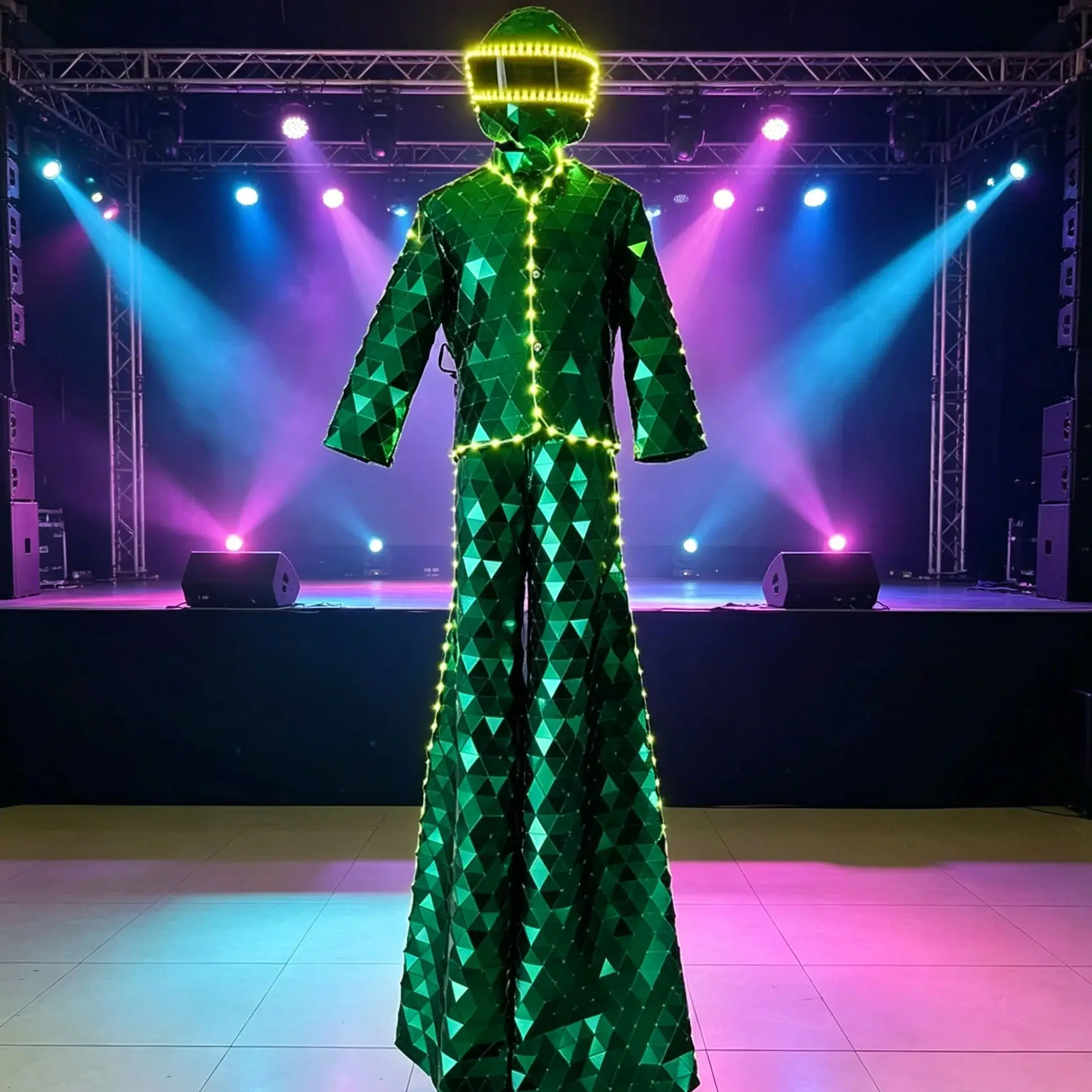 Green Mirror LED Stilt Walker Costume Hand Sewn Light Up Suit for Men, Stage Dance Party Carnival Performance Outfit