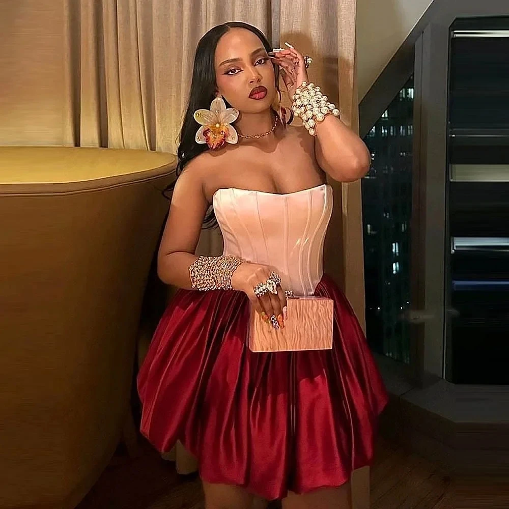 

Women Bubble Dress Corset Burgundy Pink 2 Tone Prom Gown Mini Length A Line Off Shoulder Short Party Dresses Women