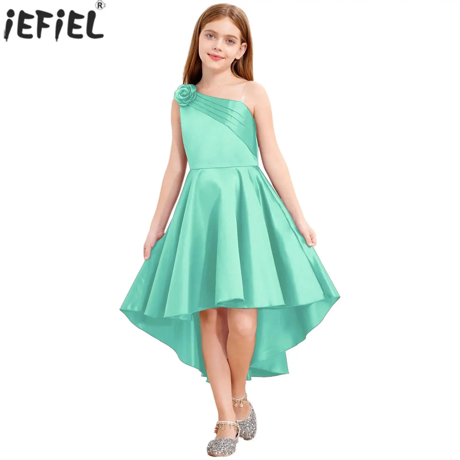 Children Girls Elegant One Shoulder Flower Dress Irregular Hemline Wedding Party Dresses Gown for Pageant Evening Birthday Prom