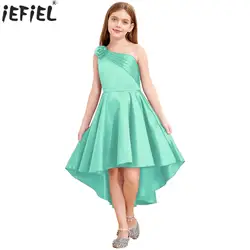 Children Girls Elegant One Shoulder Flower Dress Irregular Hemline Wedding Party Dresses Gown for Pageant Evening Birthday Prom