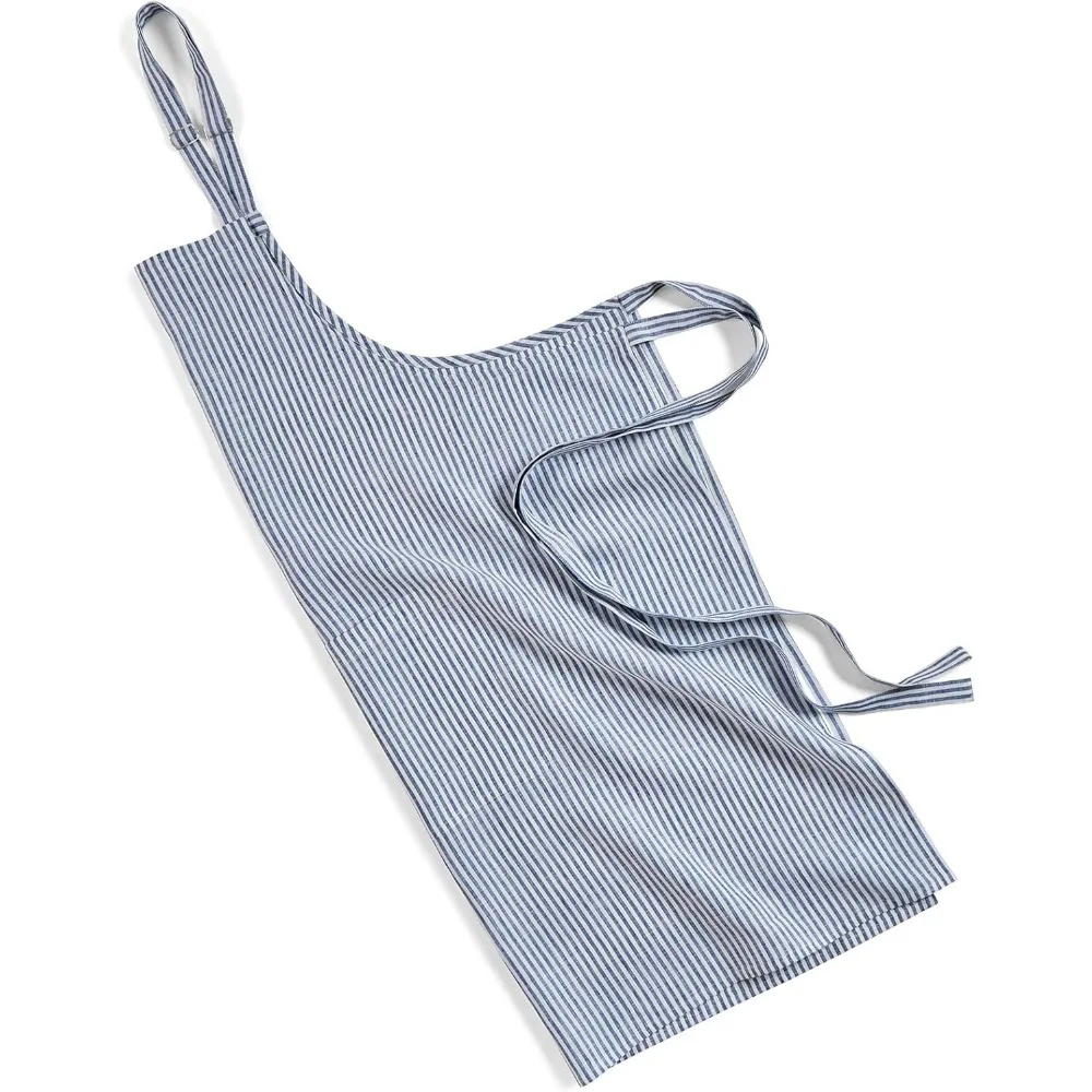 Avental 100% de linho puro – Babador midi completo unissex com listras marinhas e brancas, alça de pescoço ajustável com centro, ideal para cozinhar e assar