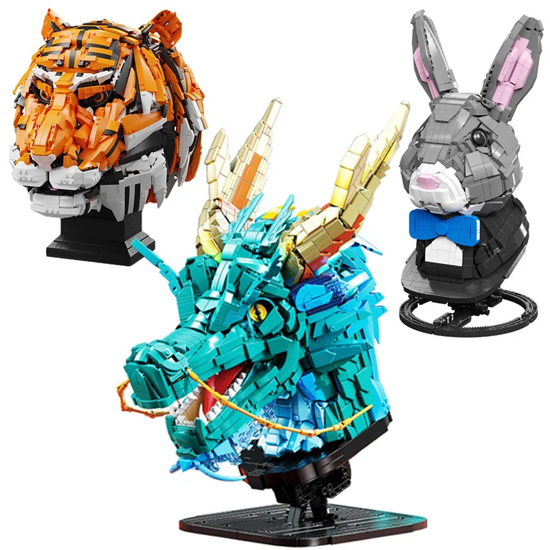 MOC Chinese Zodiac Tiger Rabbit Dragon Head Carving Model Building Blocks Animals Statue Bricks Construction Toys Children Gifts