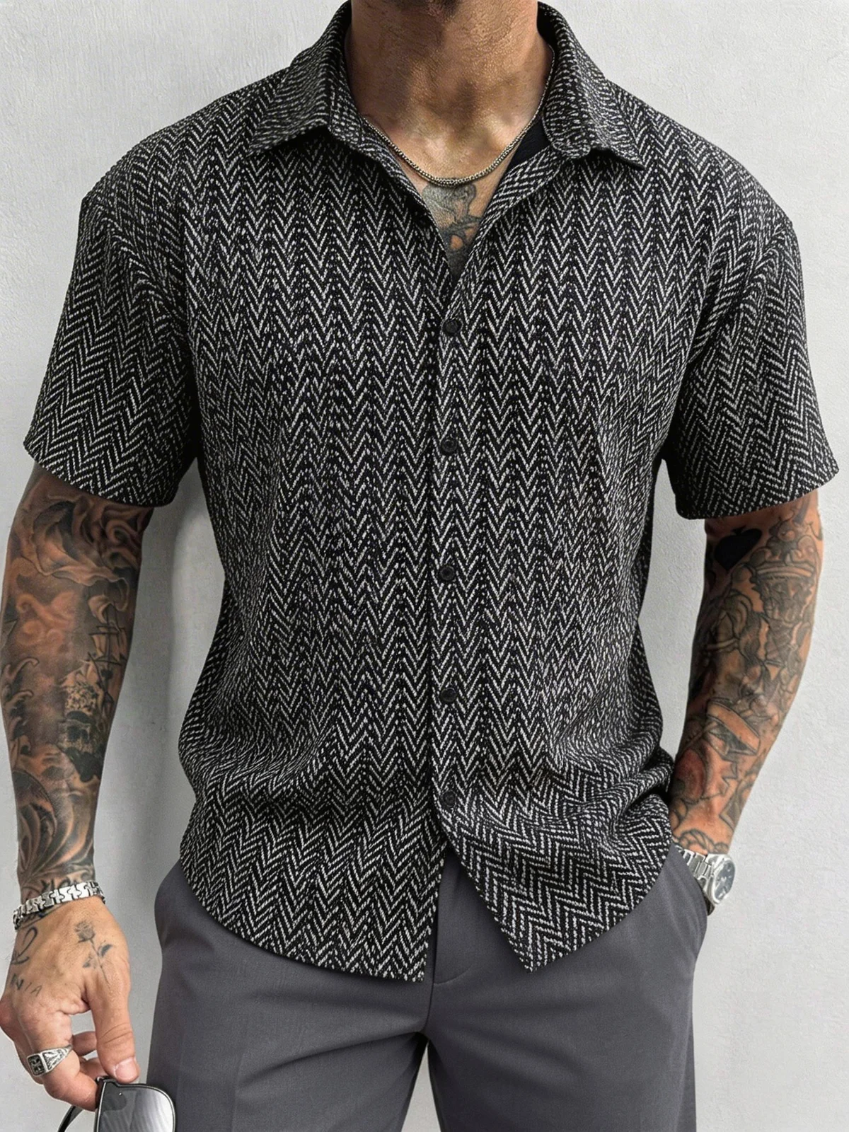 

Men's Summer Herringbone Short Sleeve Shirts Casual Loose Turn-Down Collar Sweater Tops Cross-Border Men's Fashion