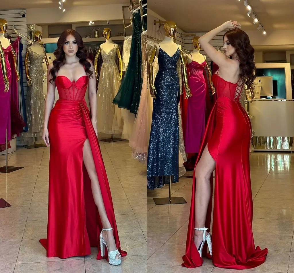 Sexy Red Plus Size Mermaid Prom Dress Long Sweetheart Draped Floor Length High Side Split Pageant Party Birthday Evening Dresses