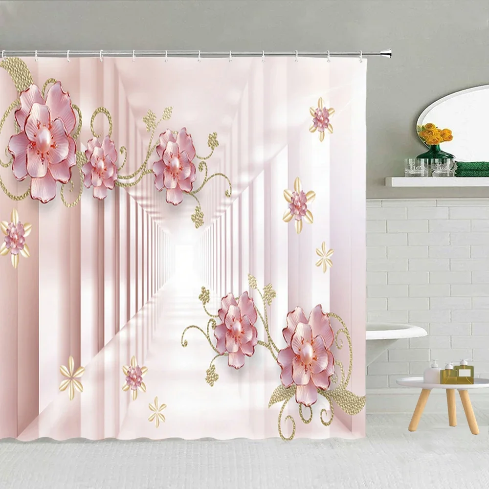 

Diamond Flower Chinese Luxury Polyester Fabric Bathroom Curtain With Hook Printed Shower Curtain cortina de la ducha