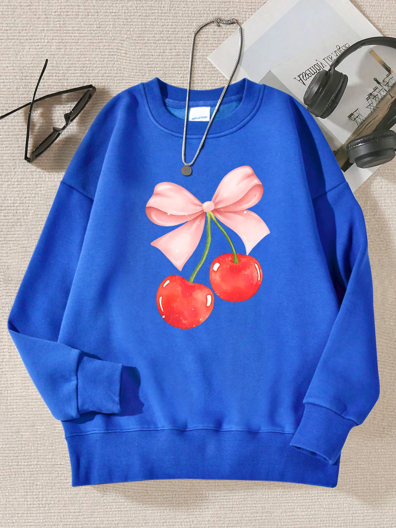 Pink Bow Cherry Design  Printing Sweatshirt Women Harajuku Casual Pullovers Fashion Hip Hop Hoody Autumn Fur-Liner Woman Clothes