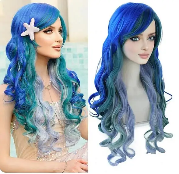 Peluca de sirena larga ondulada azul y verde, pelucas rizadas Ariel, peluca de sirenita, atuendo de Cosplay Partys para mujeres y niñas