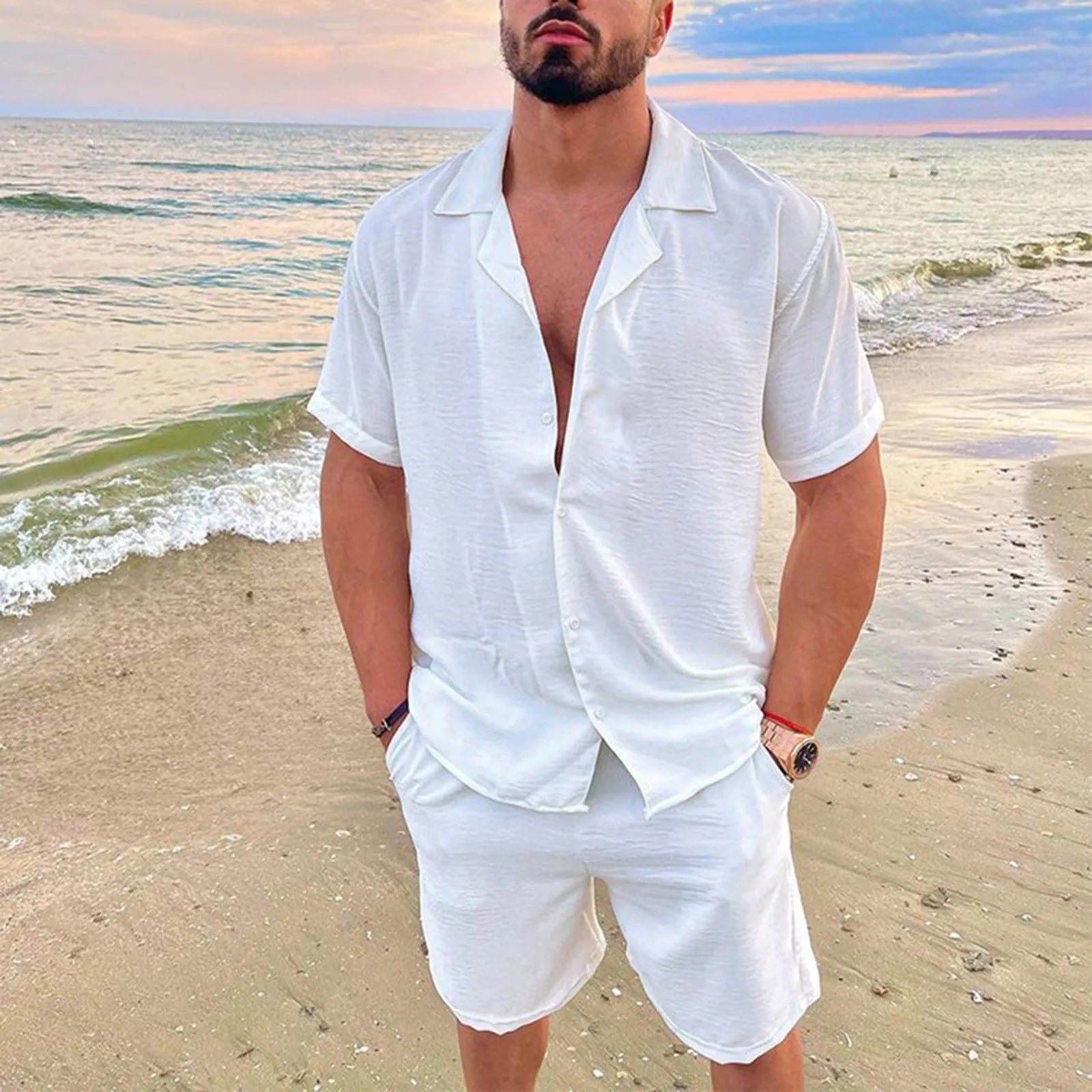 

Summer Men Beach Shirt Board Shorts Set Solid White Linen Shirt Button-up Tops Bottom Tracksuit Clothing 2022