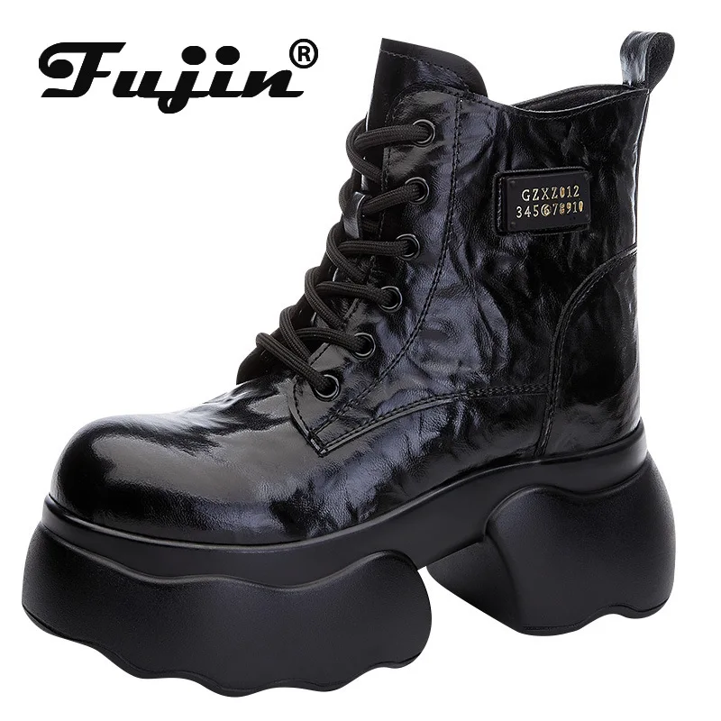 Fujin 9.5cm microfibra tessuto elasticizzato donna calzino caviglia primavera moda suola spessa stivaletti moto scarpe piattaforma autunno