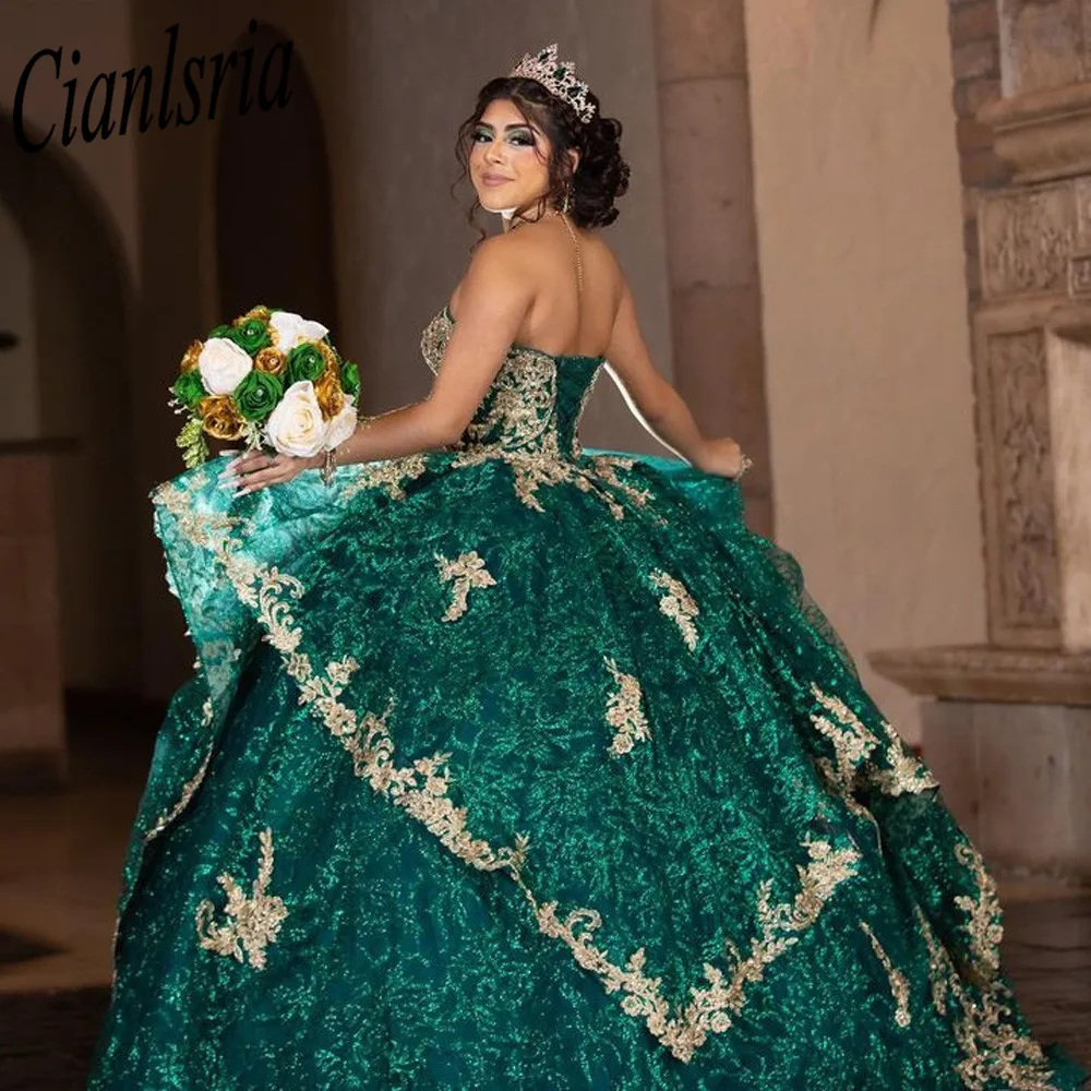 Green Mexican Vestido De 15 Anos Charro Quinceanera Dresses Gold Lace Appliqued Corset Sweet 16 Dress Abiti Da Cerimonia