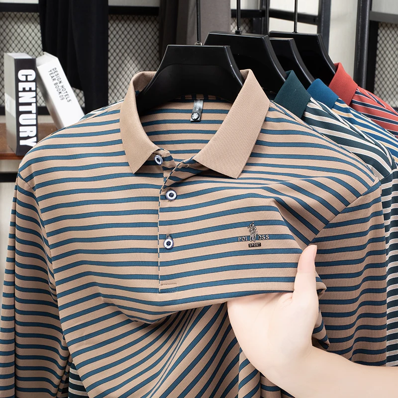 Middle Aged and Elderly Collar Long Sleeved 2026 Spring and Autumn New Style Middle-aged Striped Polo Shirt Loose Base Shirt