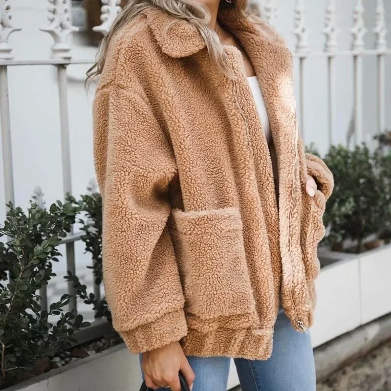 Herbst Winter lose Kunst pelz Mantel Frauen lässig warme Reiß verschluss Pelz Jacke Plüsch Mantel Tasche plus Größe Teddy Mantel weiblich