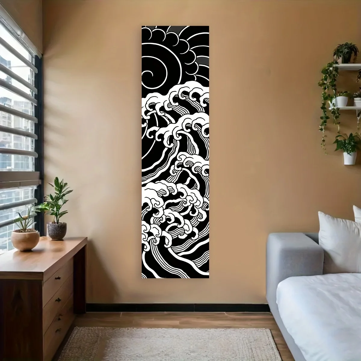 VIKAMA Great Wave Tapestry Black White - Japanese Kanagawa Wall Hanging, Ukiyo-e Art Scroll, Minimalist Zen Decor for Office