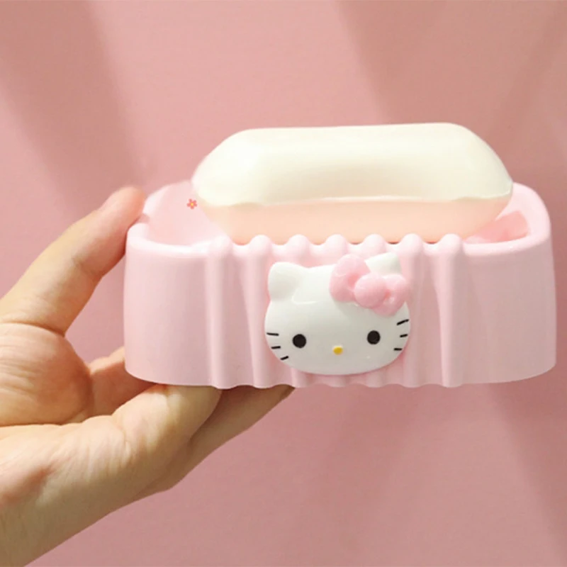 Sanrio Kawaii Hello Kitty Soap Tray Cartoon Soap Dish Non-Slip Drain Travel Home Bathroom Soap Box Bathroom Accessories