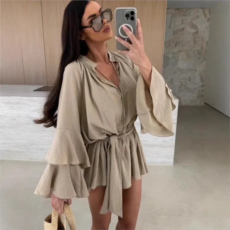 Primavera babados mangas duplas em camadas mini forro vestido cor sólida com decote em v irregular rendas até manga comprida vestido solto para mulher