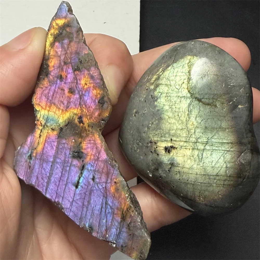 2PCS Sliced Raw Back Natural Pink Purple Light Labradorite Ornament Heart Soap Stone Orange Yellow Light Labrador Bead Specimen