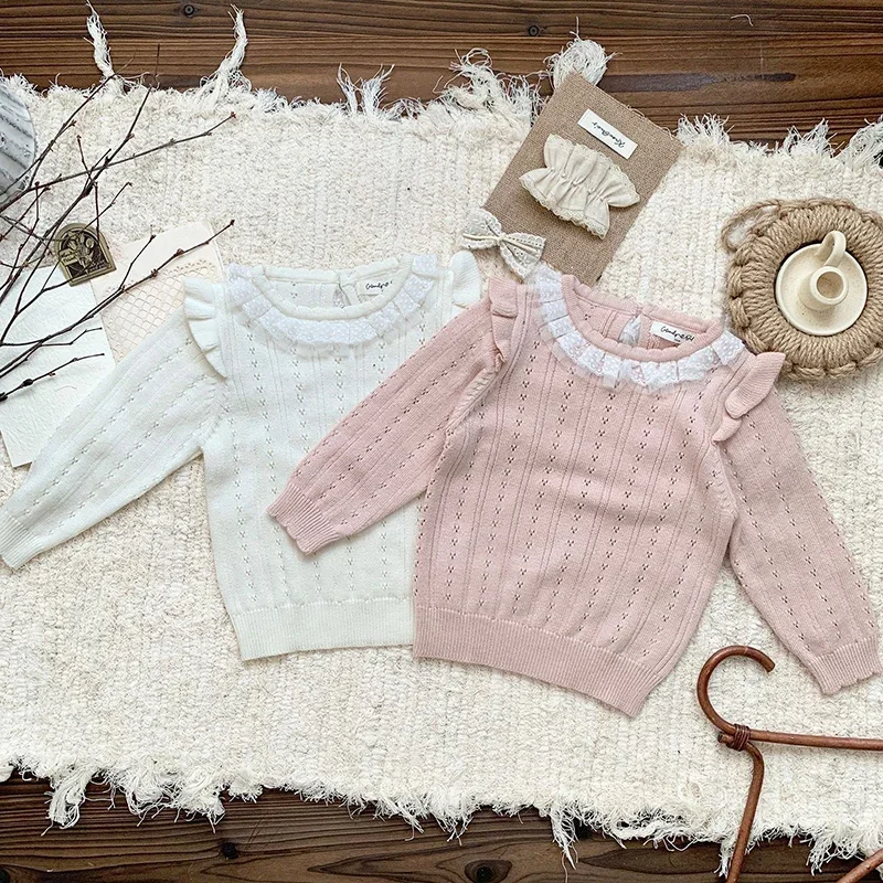 Toddler Baby Girl Pullover Lace Collar Frills Sweater Girls Long Sleeve Warm Children Knitted Top Casual Outerwear Kids Clothes